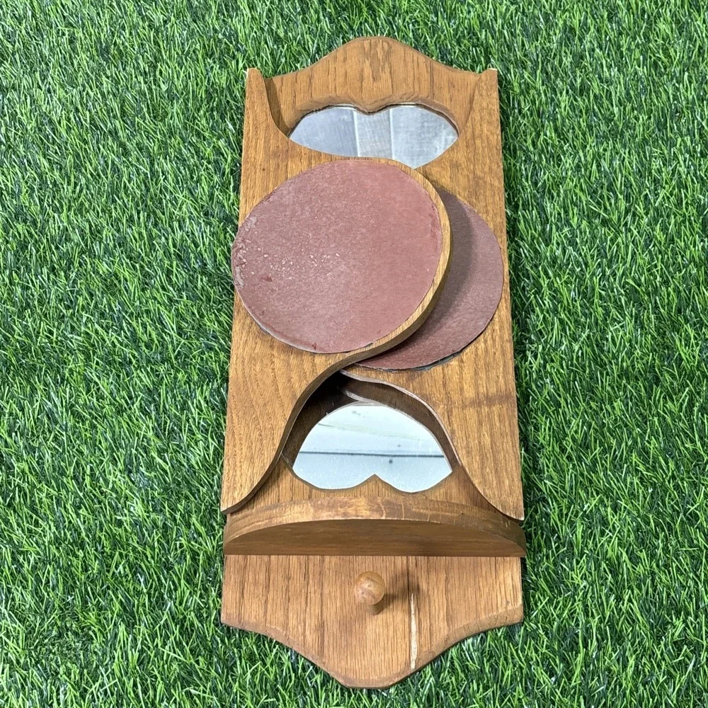 Vintage Wood Wall Mirror Shelf Heart Cutout‎ MCM Cottage Decor Glass